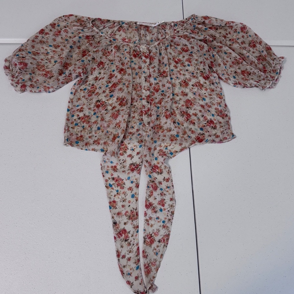 Body Central Floral Tie Front Crop Top Puff‎ Sleeve Blouse Cream Small r3 Y2K